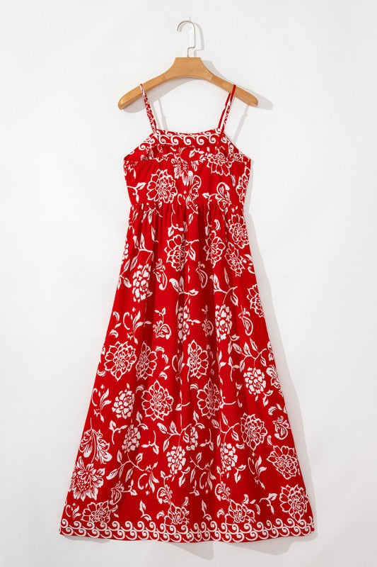 Red Floral Print Spaghetti Strap Empire Waist Maxi
