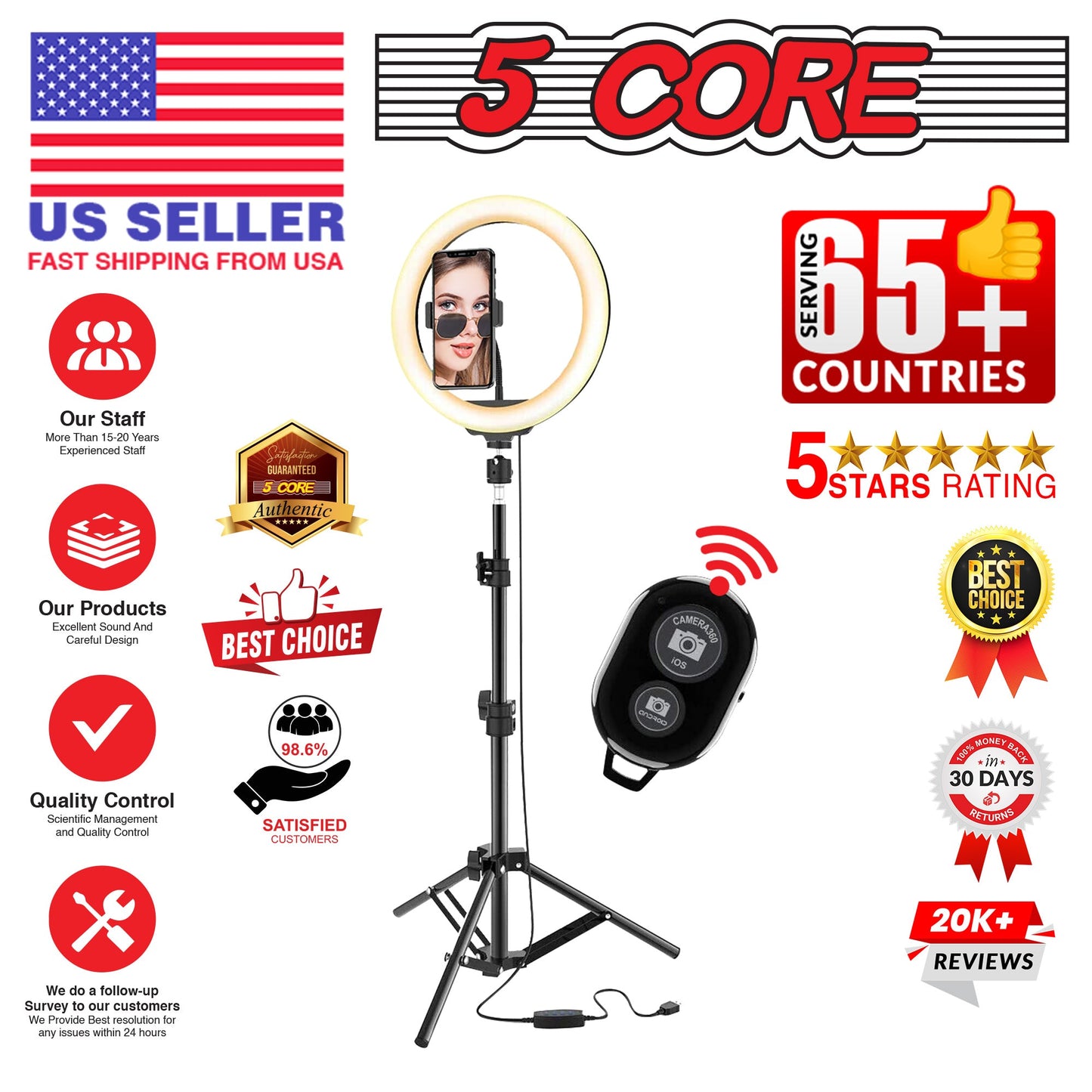 5 Core 12" Selfie LED Circle Light with 67" Adjustable Tripod Stand
