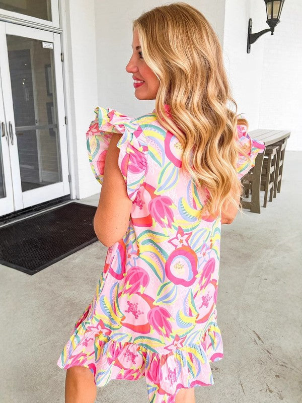 Floral Ruffle Trim Flutter Sleeve Buttoned Dress