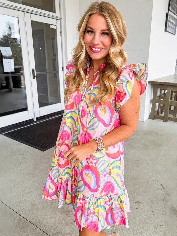 Floral Ruffle Trim Flutter Sleeve Buttoned Dress