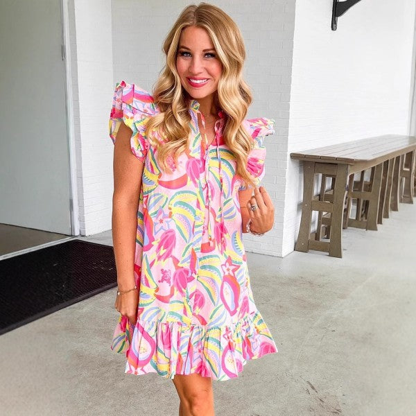 Floral Ruffle Trim Flutter Sleeve Buttoned Dress