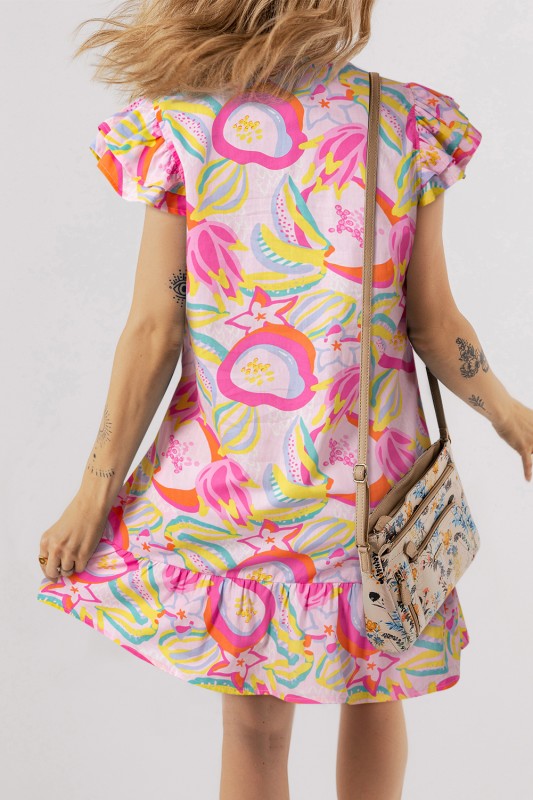 Floral Ruffle Trim Flutter Sleeve Buttoned Dress