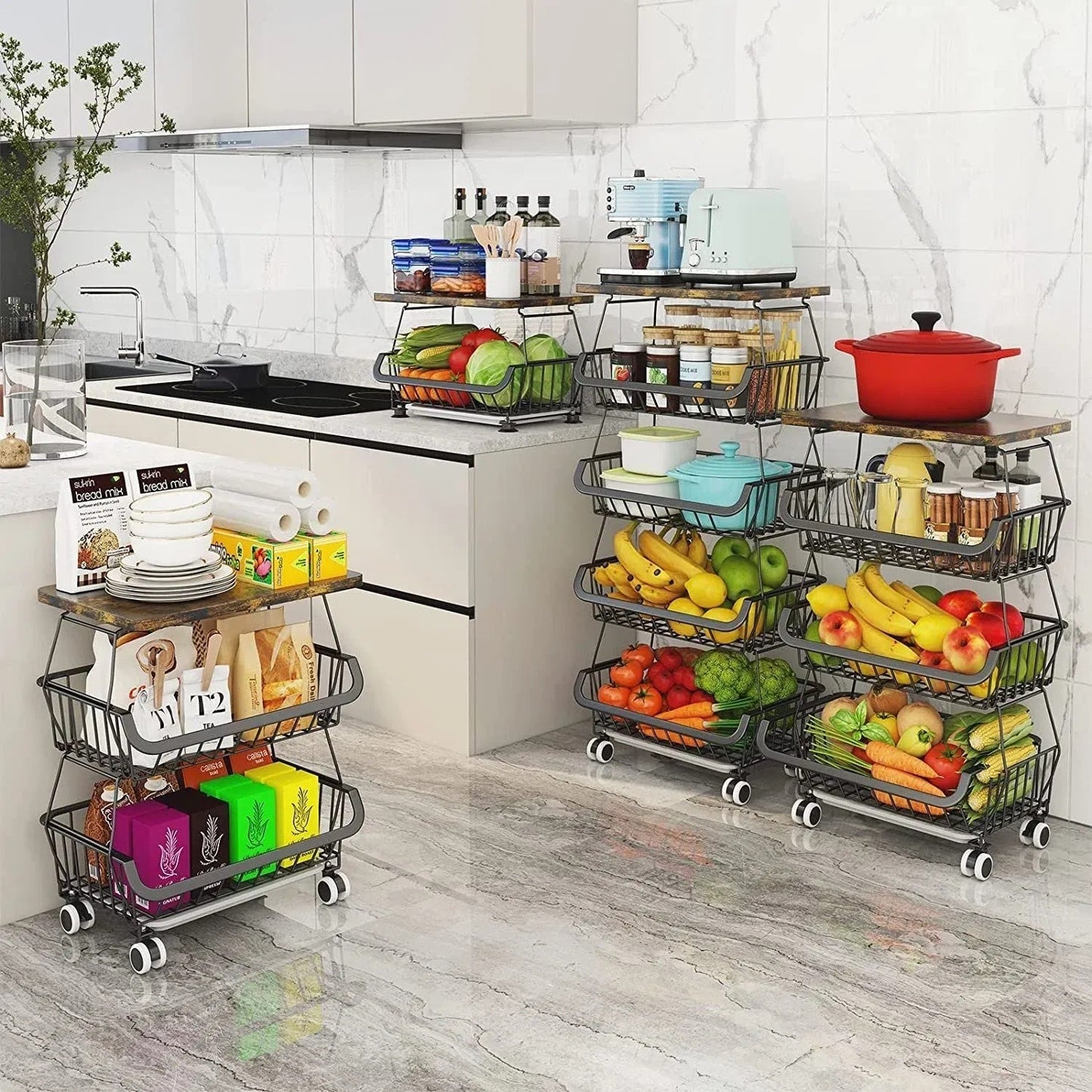 Tier Fruit Basket For Kitchen Organizers And Storage,with Solid Wood