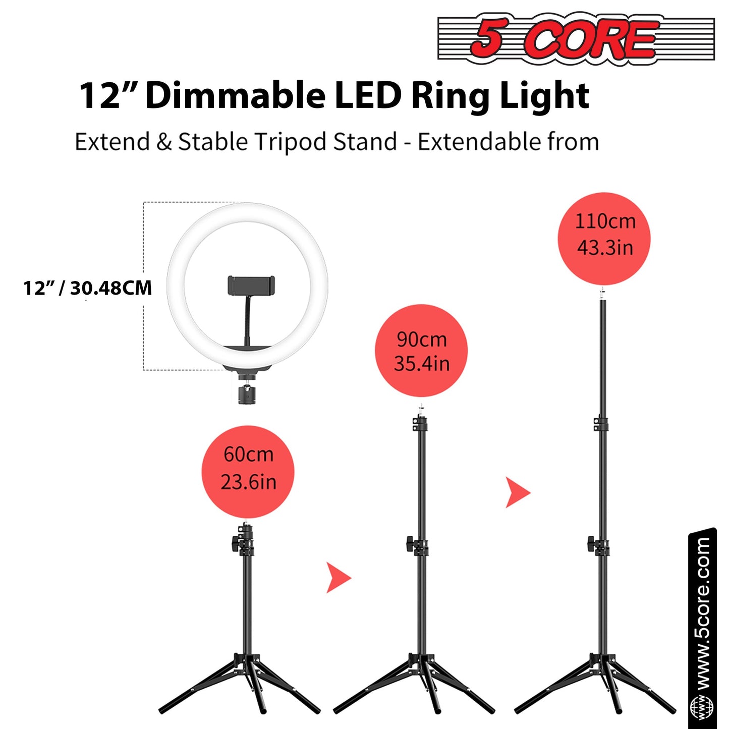 5 Core 12" Selfie LED Circle Light with 67" Adjustable Tripod Stand