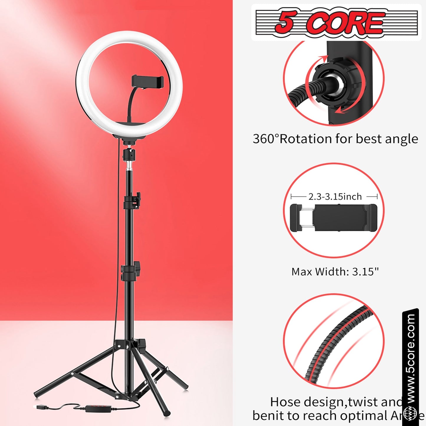 5 Core 12" Selfie LED Circle Light with 67" Adjustable Tripod Stand