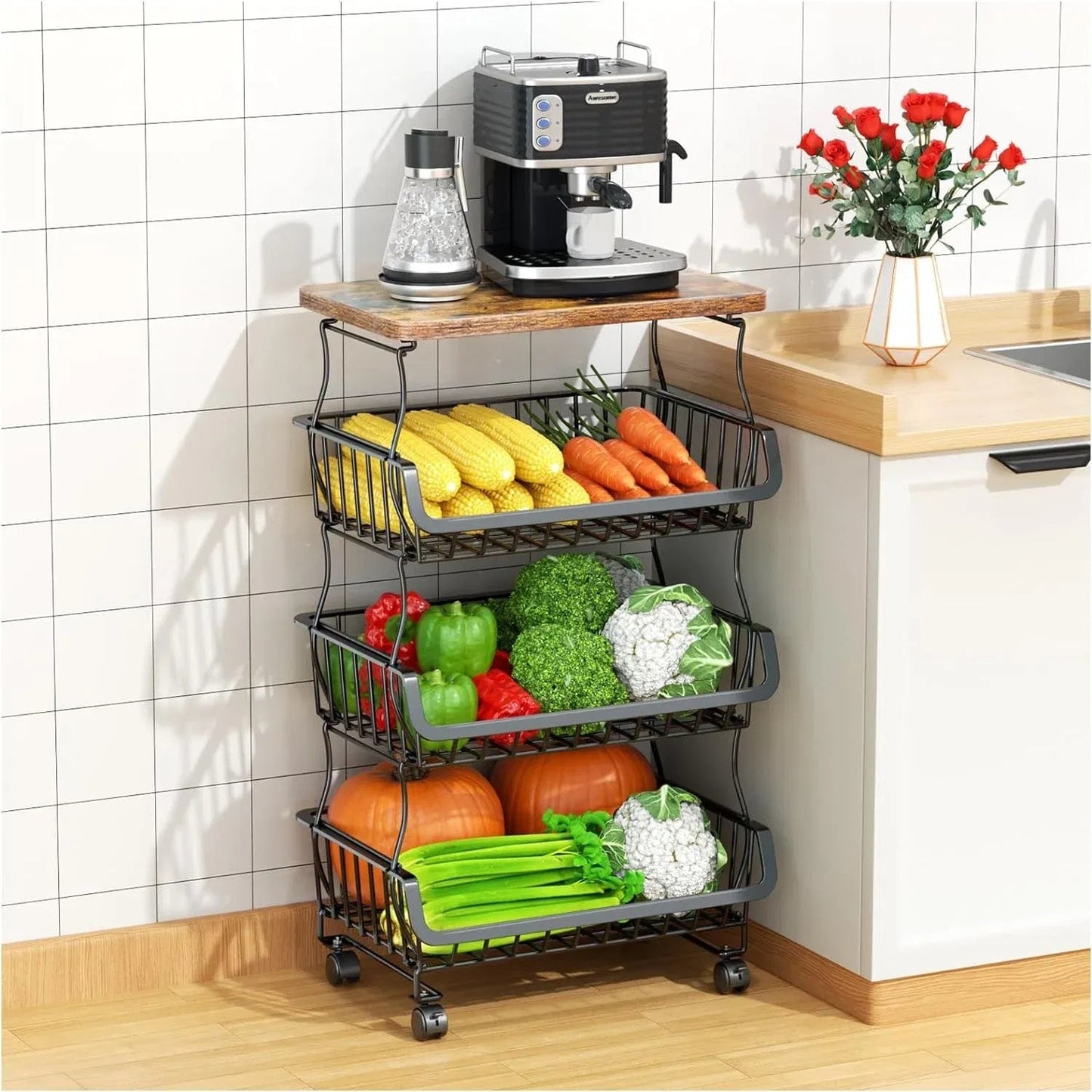 Tier Fruit Basket For Kitchen Organizers And Storage,with Solid Wood
