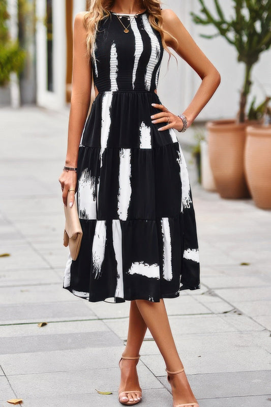 Cut Out Ruched Fit Sleeveless Ruffle Dress