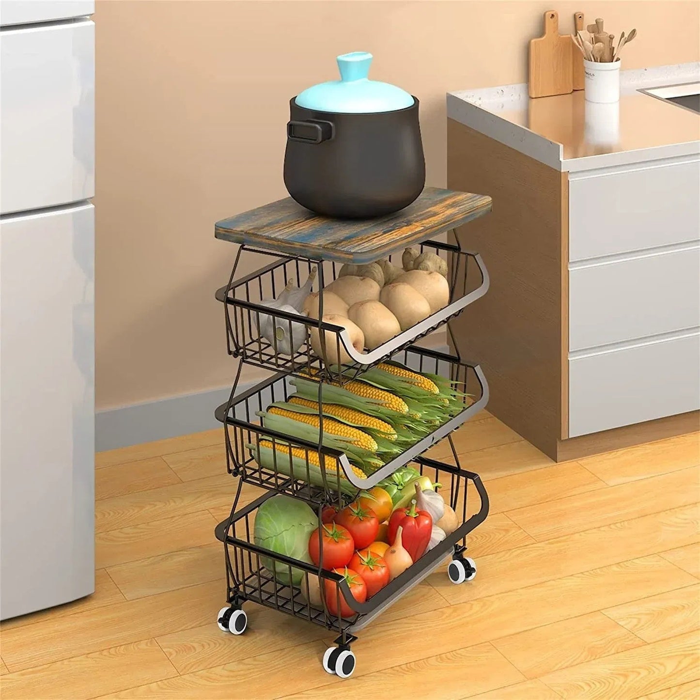 Tier Fruit Basket For Kitchen Organizers And Storage,with Solid Wood