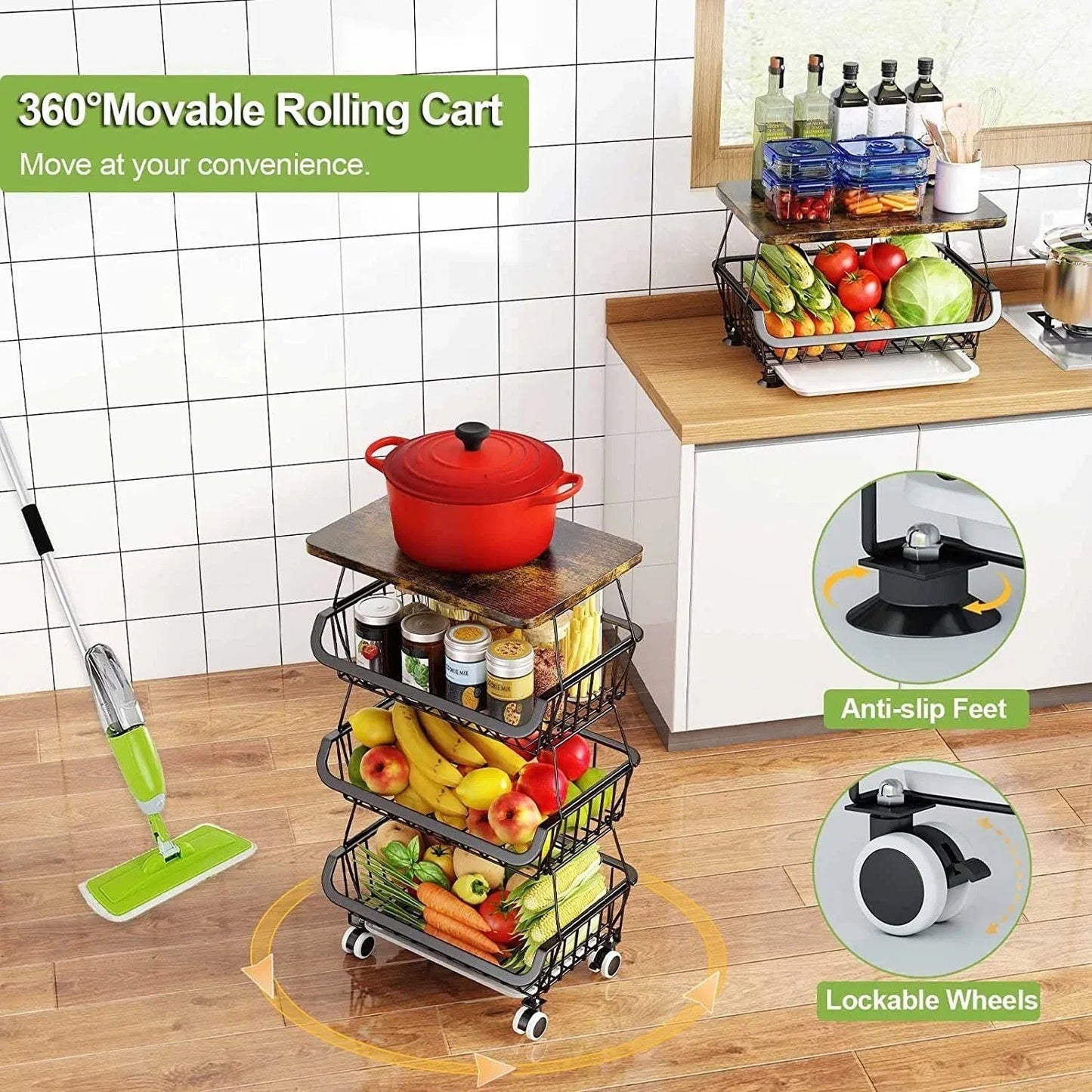 Tier Fruit Basket For Kitchen Organizers And Storage,with Solid Wood